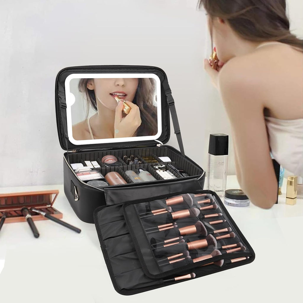 Large Makeup Bag with LED Mirror, Make up Case with Shoulder Strap