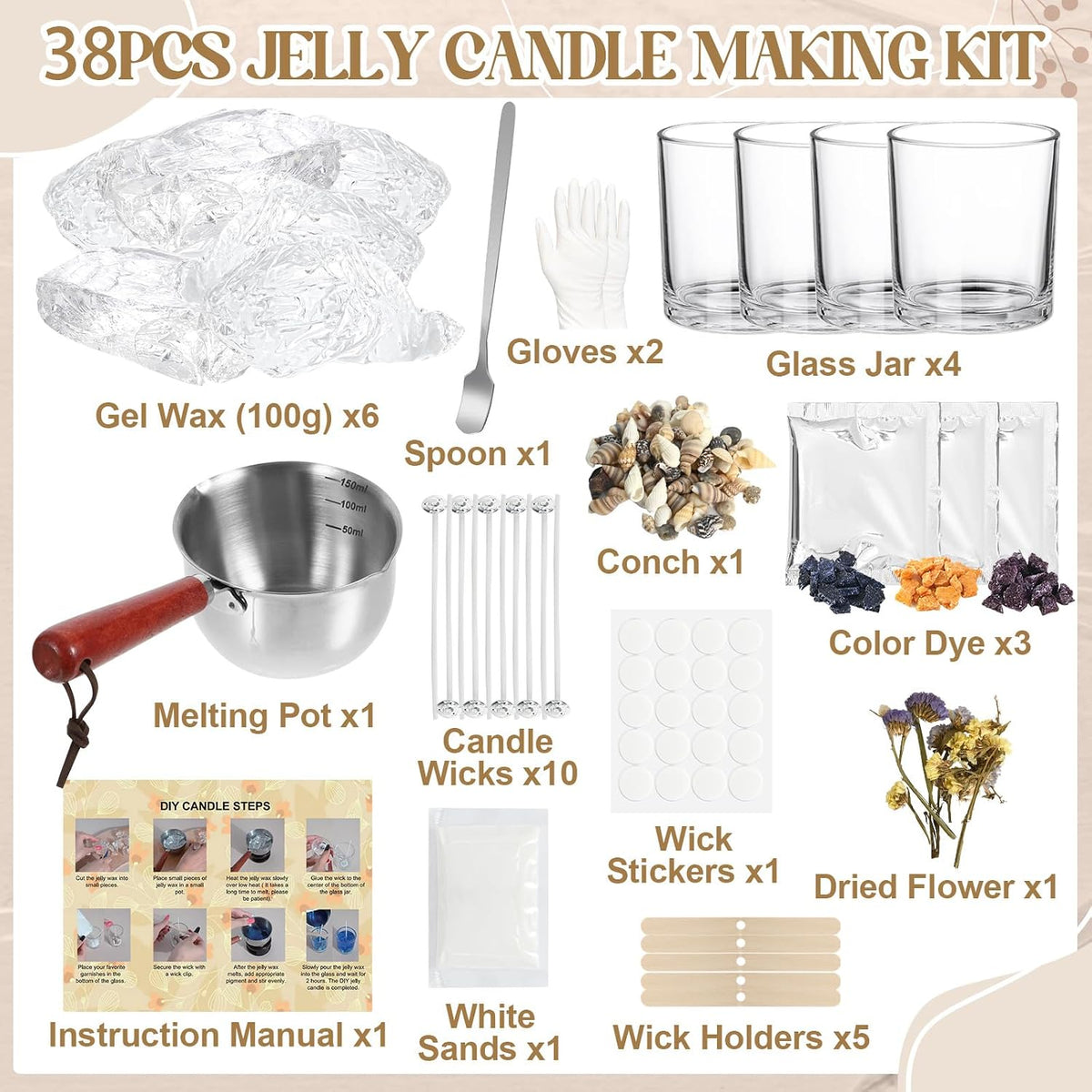 Jelly Candle Making Kit, DIY Candle Making Kit for Adults, 1.5 Lb Gel Wax for Candle Making, DIY Jelly Wax Melts, Candle Wick, Dried Flowers, Conch, Sand, Dye, Crafting Valentine'S Day Gift