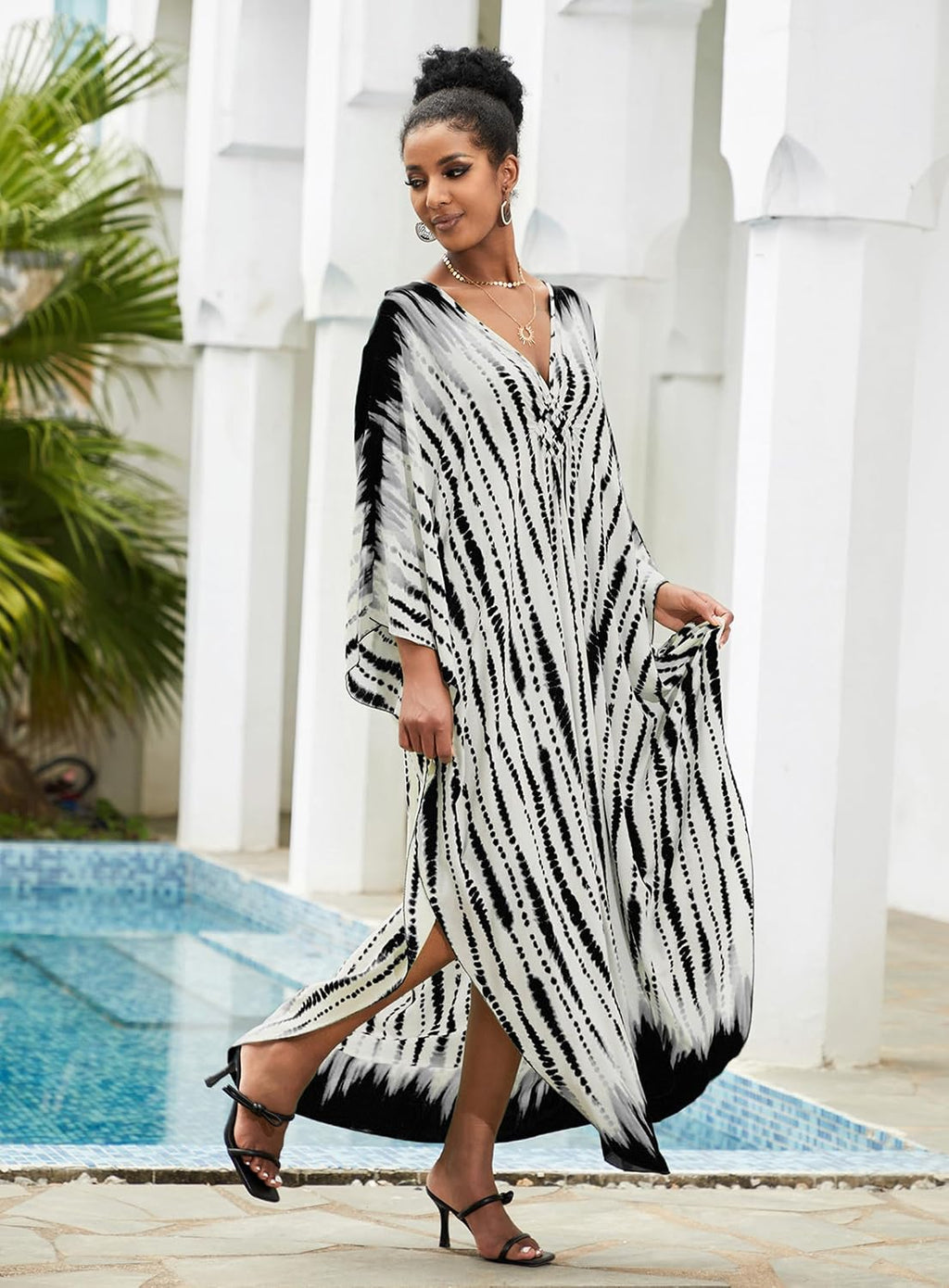 Kaftan Dresses plus Size V-Neck Women'S Swimwear Cover Ups Tie Dye Batwing Sleeves Mumu Caftan Dress