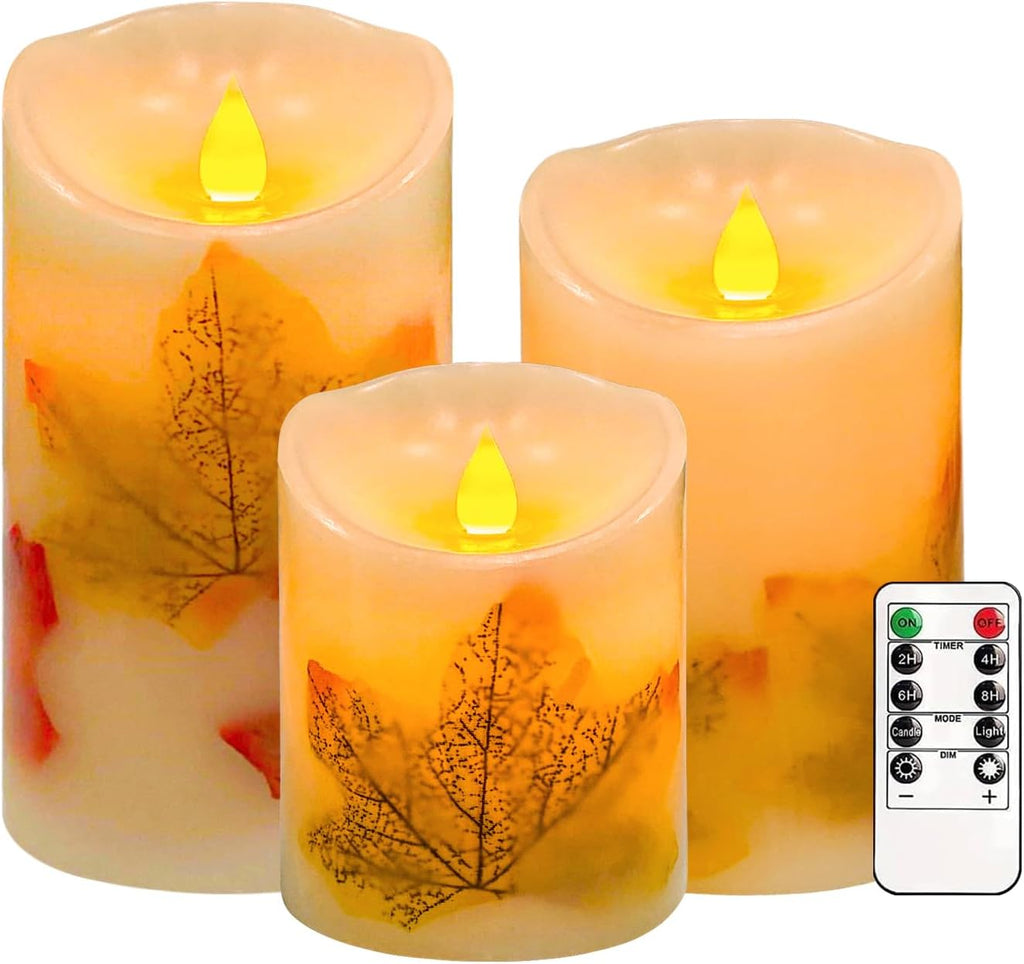 Maple Leaf Flameless Candles Set of 3, Fall Candles with Remote & Timer