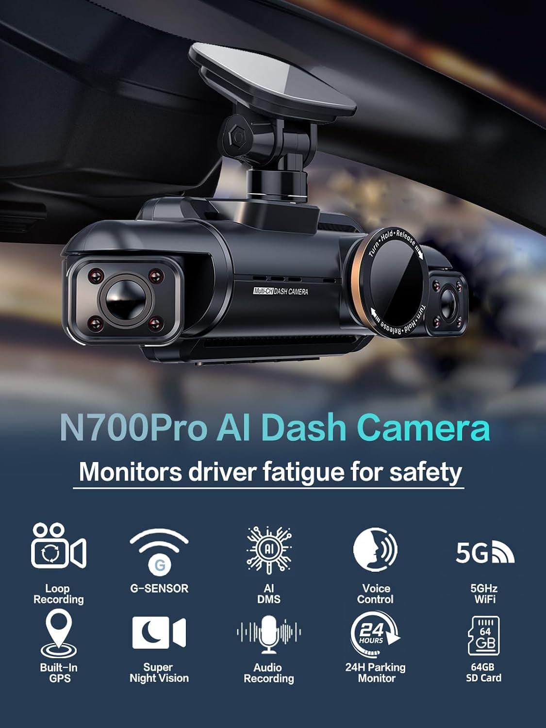 360° View 4K 2160P Dash Cam Front and Rear, 4 Channel Dash Camera for Cars, AI Fatigue Driving Monitor, 5G Wifi GPS, 8 IR Lamps Night Vision, Free 64G Card Included, 24H Parking Mode, N700Pro