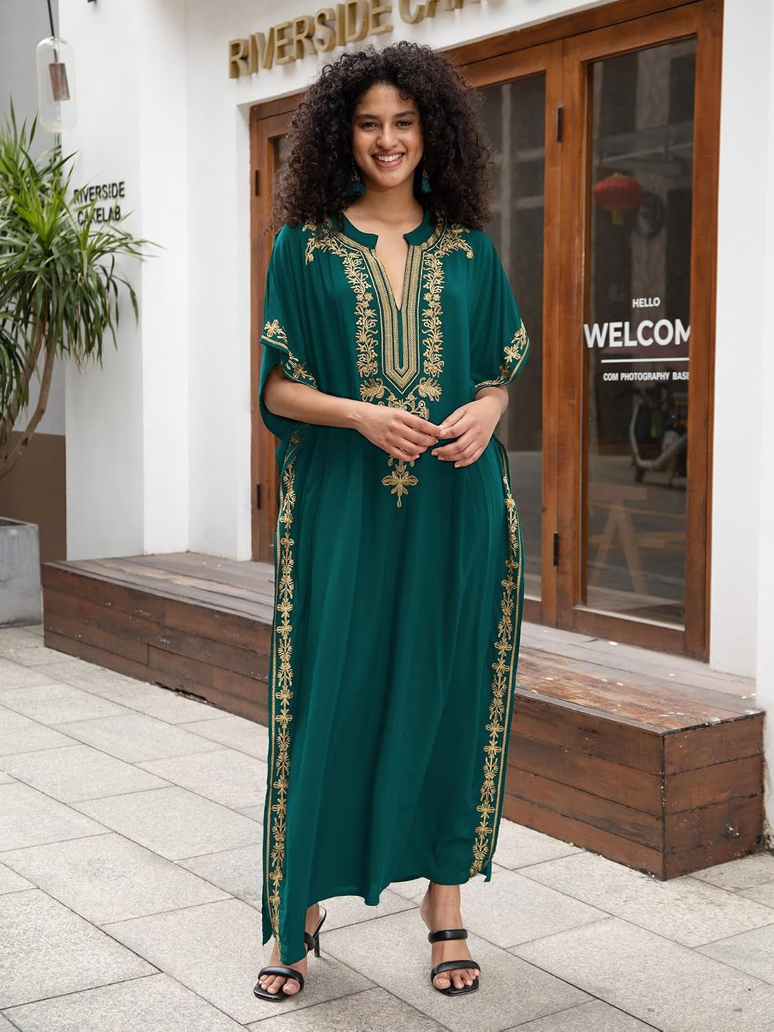 Kaftan Dresses for Women Embroidered Short Sleeve V-Neck plus Size Caftan Bikini Swimsuit Cover-Up Long Beach Dress