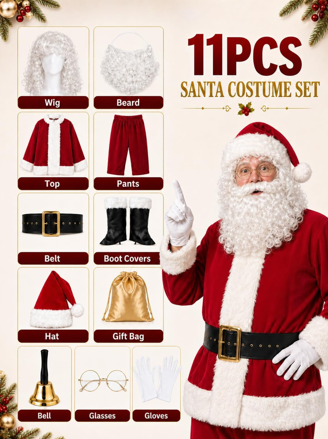 Men'S Deluxe Santa Suit 11Pc. Christmas Adult Santa Claus Costume