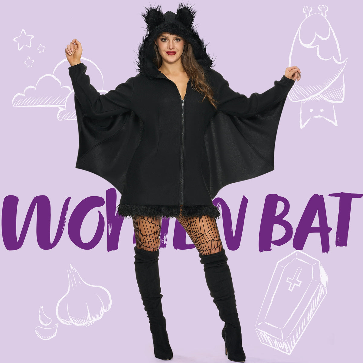 Women‘S Black Bat Costume with Attached Ears for Halloween Party Cosplay and Themed Dress Up