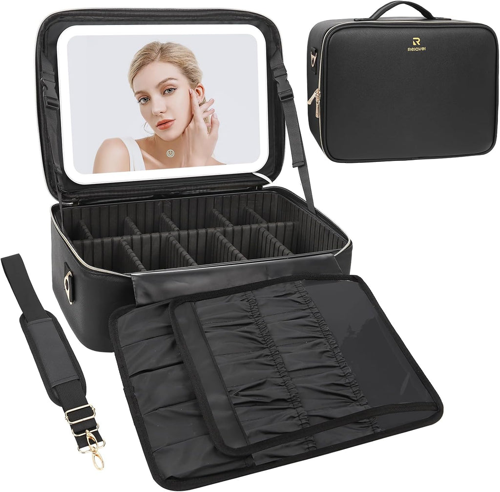 Large Makeup Bag with LED Mirror, Make up Case with Shoulder Strap
