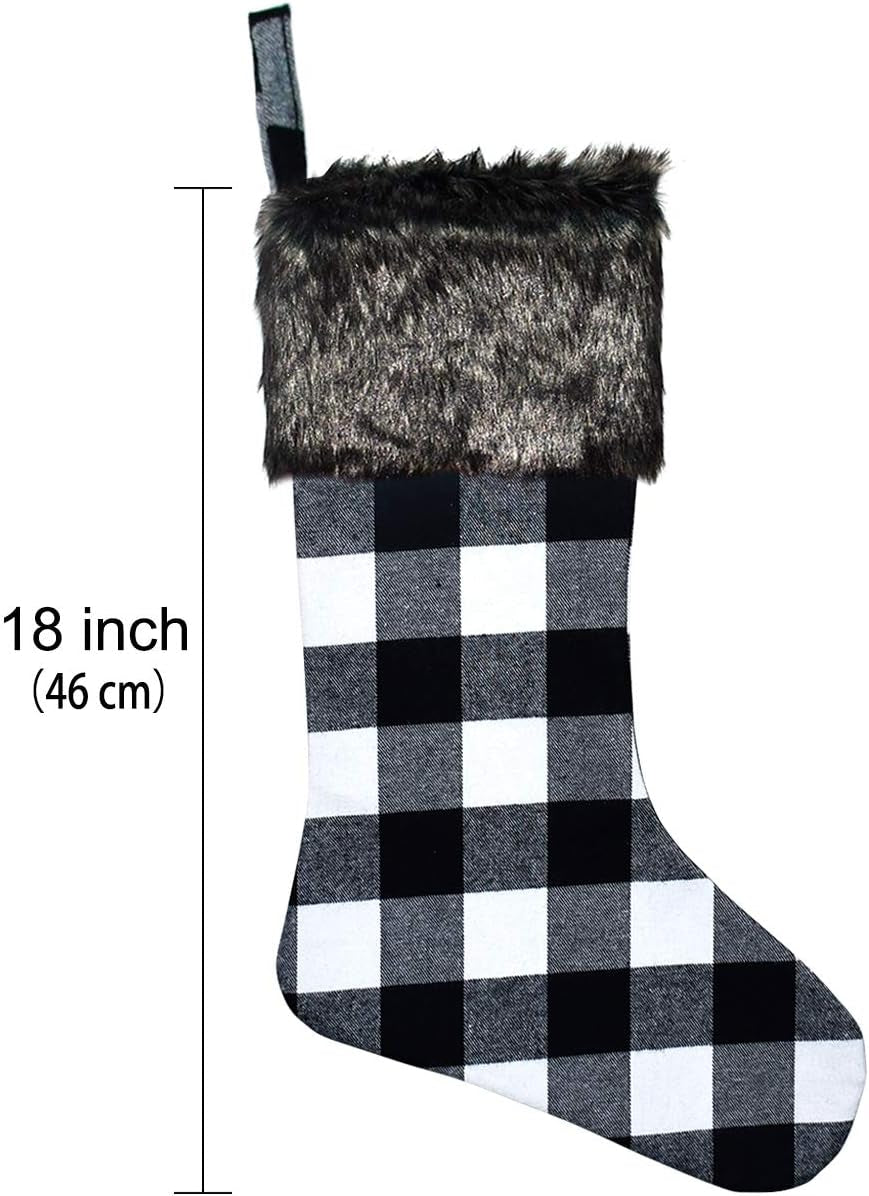 Christmas Stockings- 4 Pack 18" Black White Buffalo Plaid Christmas Stockings with Plush Faux Fur Cuff, Classic Large Christmas Stockings Decorations for Family Christmas Holiday Party Decor