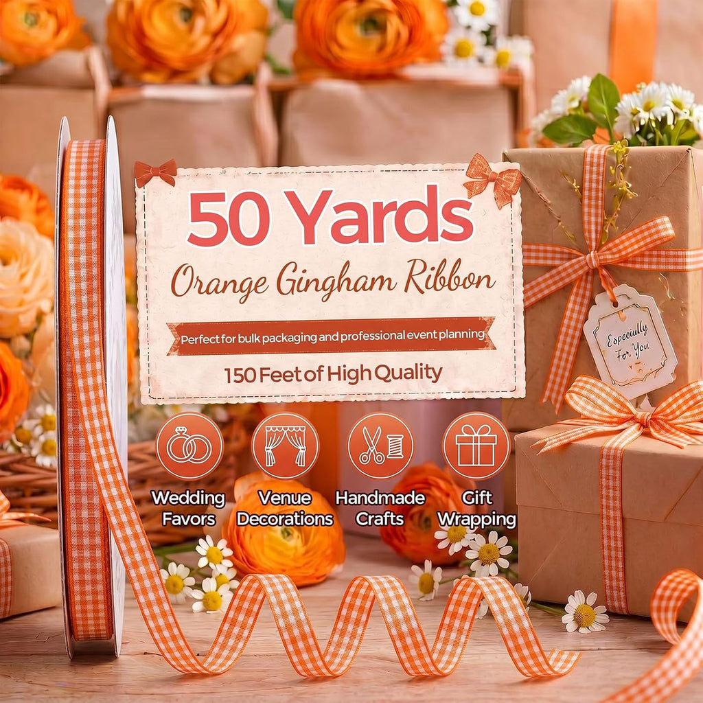 Orange Gingham Ribbon, 3/8X50 Yd Orange and White Ribbon