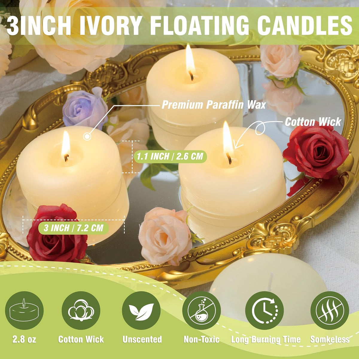 Ivory Floating Candles 3-Inch - 12 Pack Water Floating Candle Long Burning Candle Set Unscented Candles Floating for Centerpieces Wedding Dinner Thanksgiving Party Home Decor