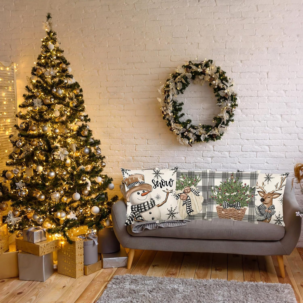 Christmas Pillow Covers 18X18, Plaid Snowmen ELK Decor for Home
