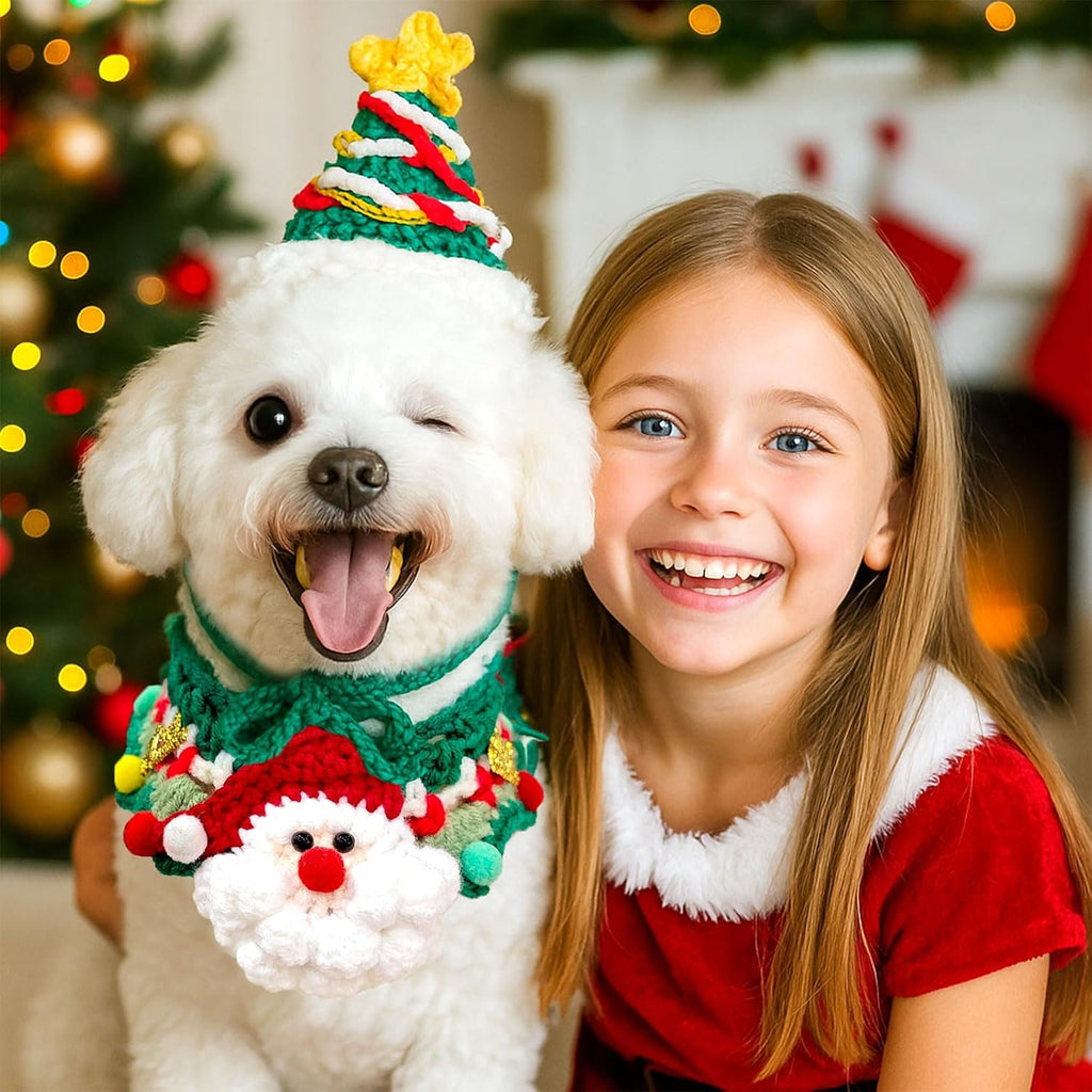 Pet Dog Christmas Costume for Small Dogs Cats, Funny Knitted Santa Dog Hat and Neck Accessory Set, Soft Cute Kitten Puppy Chihuahua Yorkie Costumes for Christmas Cat Outfits