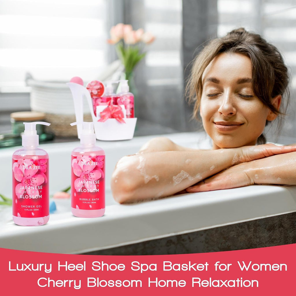 Heel Shoe Spa Gift Basket for Women, 8 Pc Cherry Blossom Scented