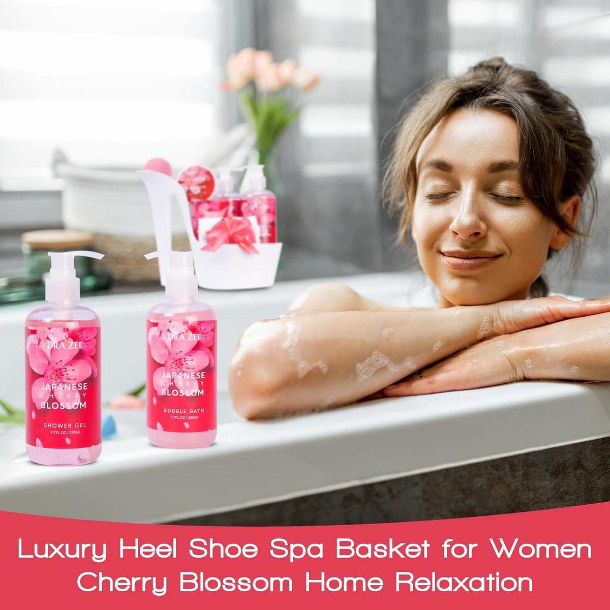 Heel Shoe Spa Gift Basket for Women, 8 Pc Cherry Blossom Scented