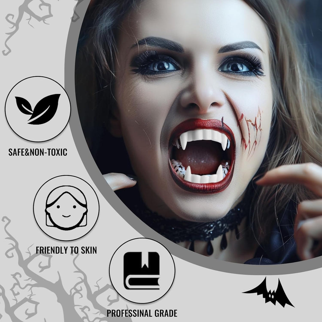 Halloween Vampire Makeup Kit with White Face & Body Paint, Fake Blood, Black and Red Face Paint Crayon and Fake Teeth SFX Makeup Set for Zombie Wounds Clown Cosplay Special Effects Makeup