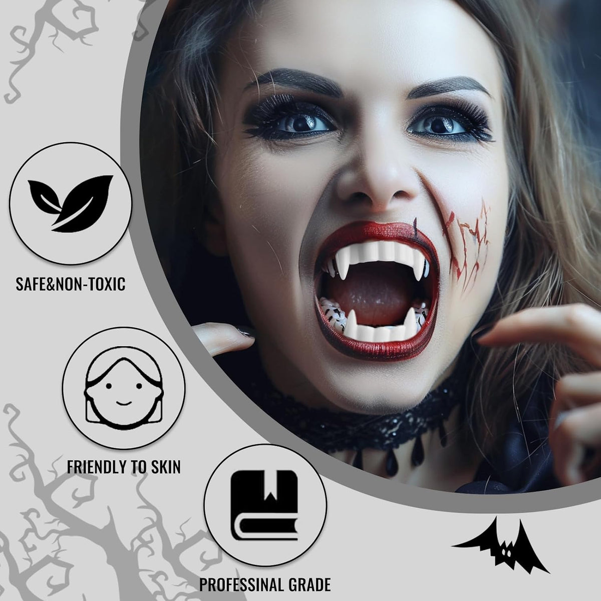 Halloween Vampire Makeup Kit with White Face & Body Paint, Fake Blood, Black and Red Face Paint Crayon and Fake Teeth SFX Makeup Set for Zombie Wounds Clown Cosplay Special Effects Makeup
