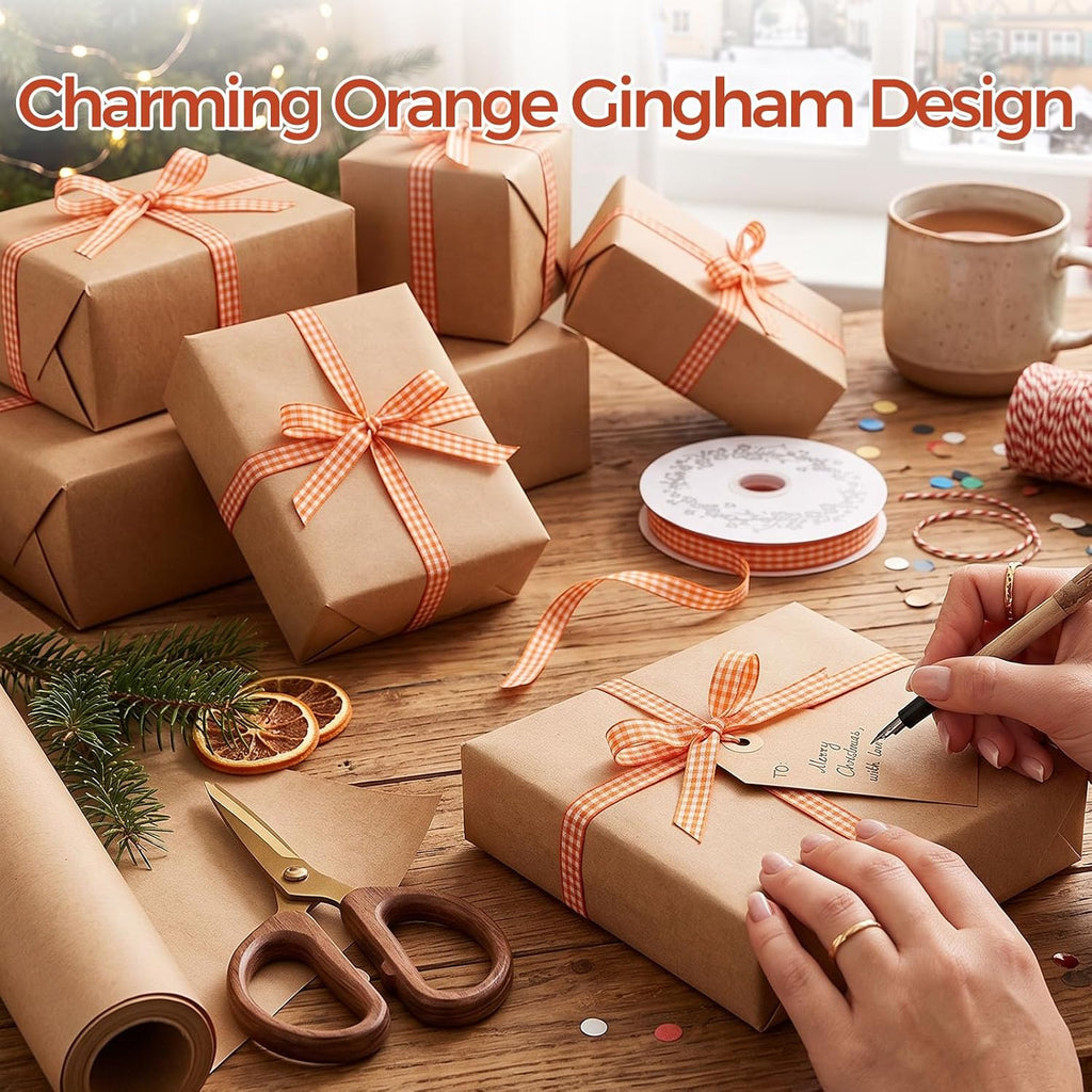 Orange Gingham Ribbon, 3/8X50 Yd Orange and White Ribbon