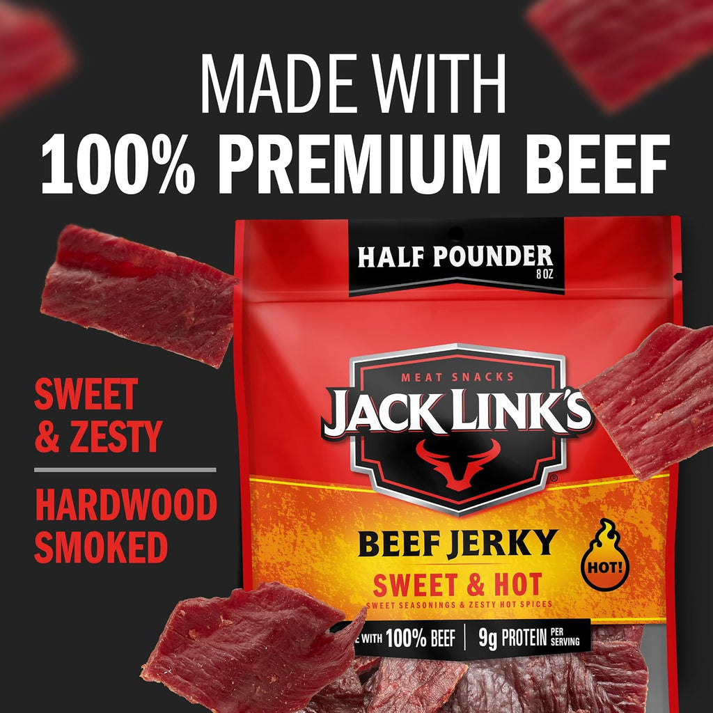 Beef Jerky Half Pounder - Sweet & Hot - 100% Real Beef - Ready to Eat Real Meat Protein Snacks - 9G Protein per Serving - 8 Oz Large Jerky Bag (Pack of 2)