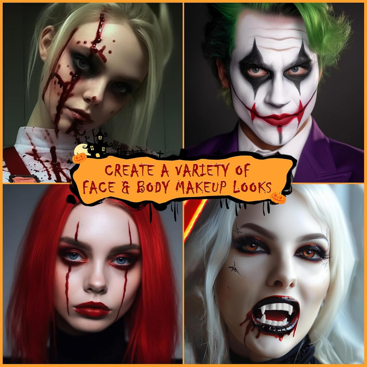 Halloween Vampire Makeup Kit with White Face & Body Paint, Fake Blood, Black and Red Face Paint Crayon and Fake Teeth SFX Makeup Set for Zombie Wounds Clown Cosplay Special Effects Makeup