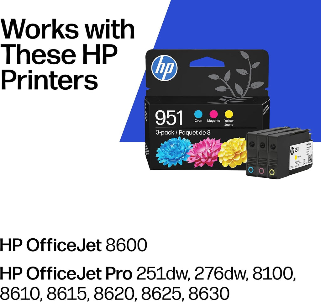 HP 951 Cyan, Magenta, Yellow Ink Cartridges (3 Pack) | Works with Officejet 8600, Officejet Pro 251Dw, 276Dw, 8100, 8610, 8620, 8630 | Eligible for Instant Ink | CR314FN