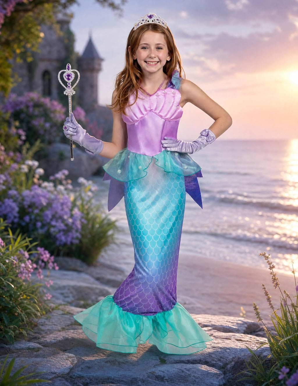 Halloween Little Mermaid Costume with Mermaid Tail for Princess Girls 4-6 for Cosplay, Birthday Outfit