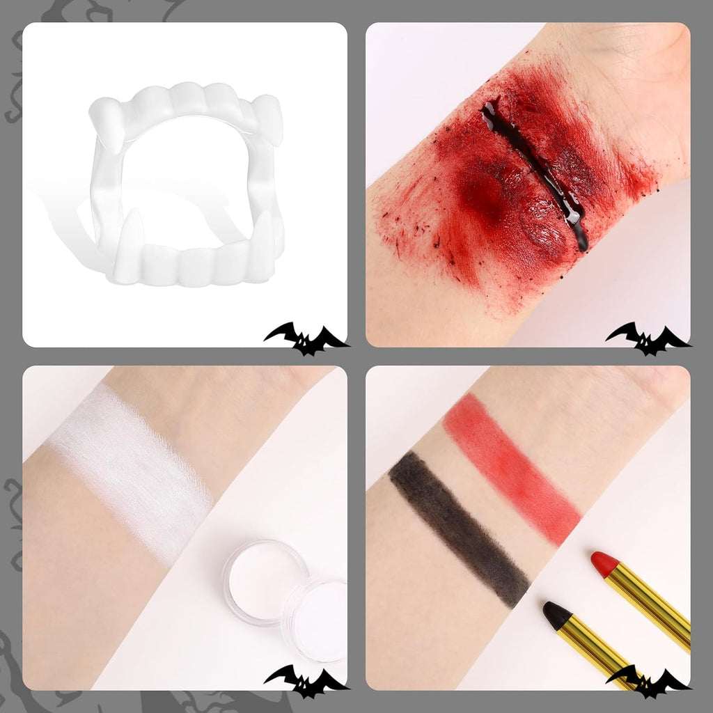 Halloween Vampire Makeup Kit with White Face & Body Paint, Fake Blood, Black and Red Face Paint Crayon and Fake Teeth SFX Makeup Set for Zombie Wounds Clown Cosplay Special Effects Makeup