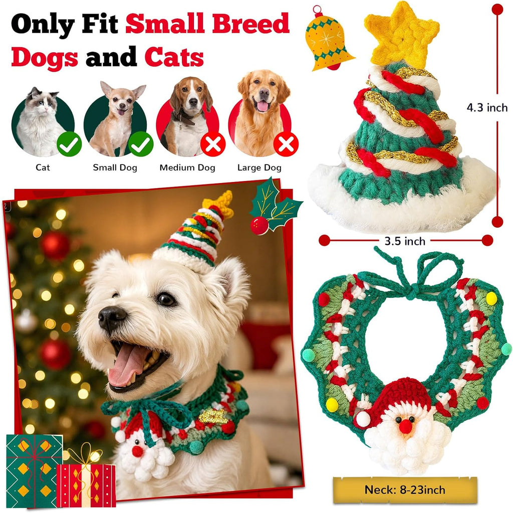 Pet Dog Christmas Costume for Small Dogs Cats, Funny Knitted Santa Dog Hat and Neck Accessory Set, Soft Cute Kitten Puppy Chihuahua Yorkie Costumes for Christmas Cat Outfits