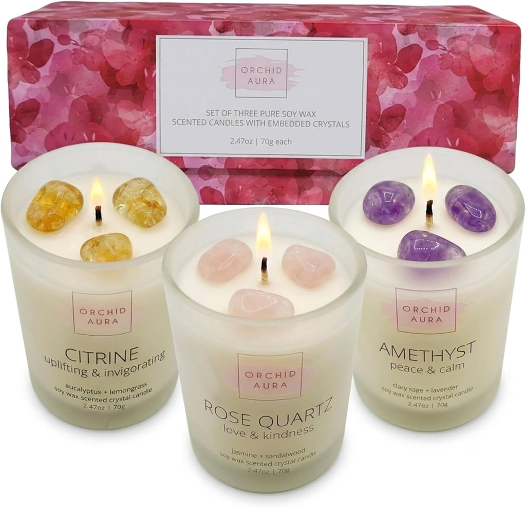 Soy Candles with Healing Crystals. Citrine, Rose Quartz, Amethyst Crystal.