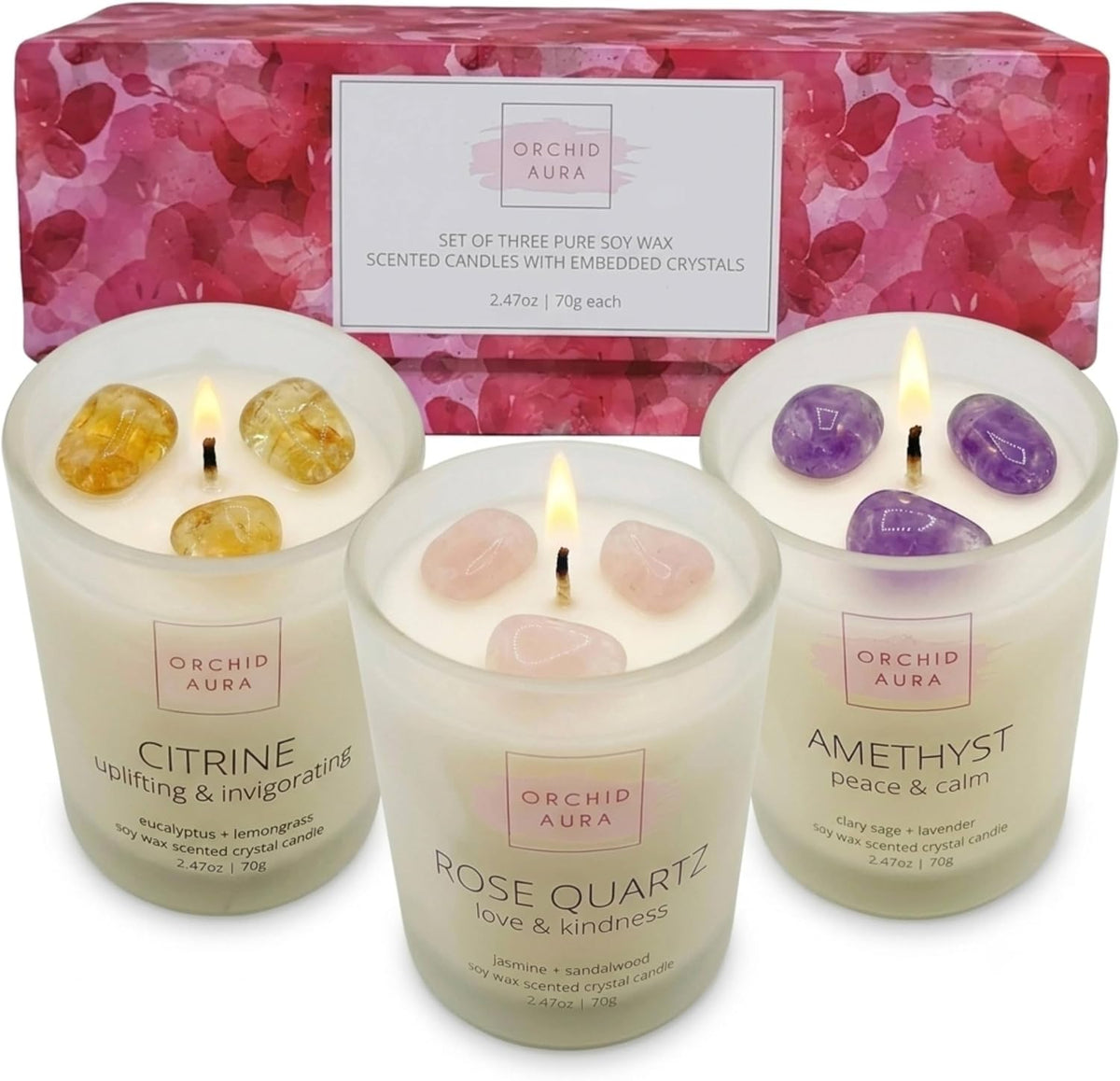 Soy Candles with Healing Crystals. Citrine, Rose Quartz, Amethyst Crystal.