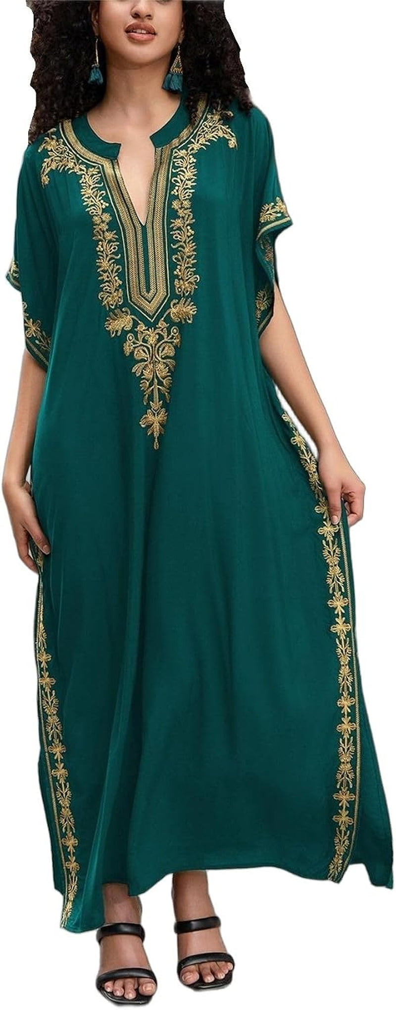 Kaftan Dresses for Women Embroidered Short Sleeve V-Neck plus Size Caftan Bikini Swimsuit Cover-Up Long Beach Dress