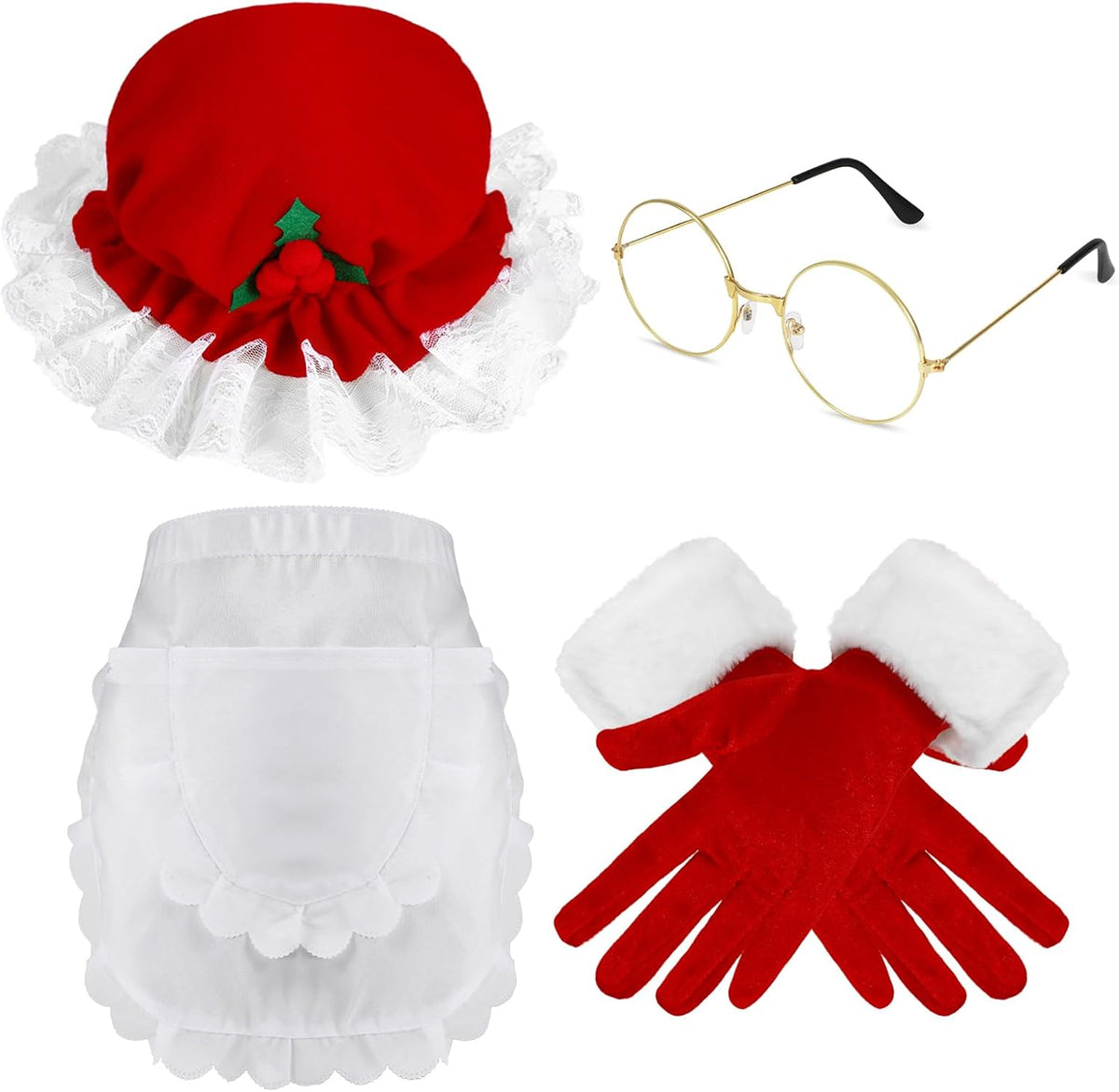 Mrs Claus Costume Adult Women, Christmas Santa Hat Xmas Hat, Red Gloves Santas Gloves, Christmas Apron Mrs Claus Apron, Santas Glasses for Outfit Santa Suit Xmas Costume Women 4Pcs