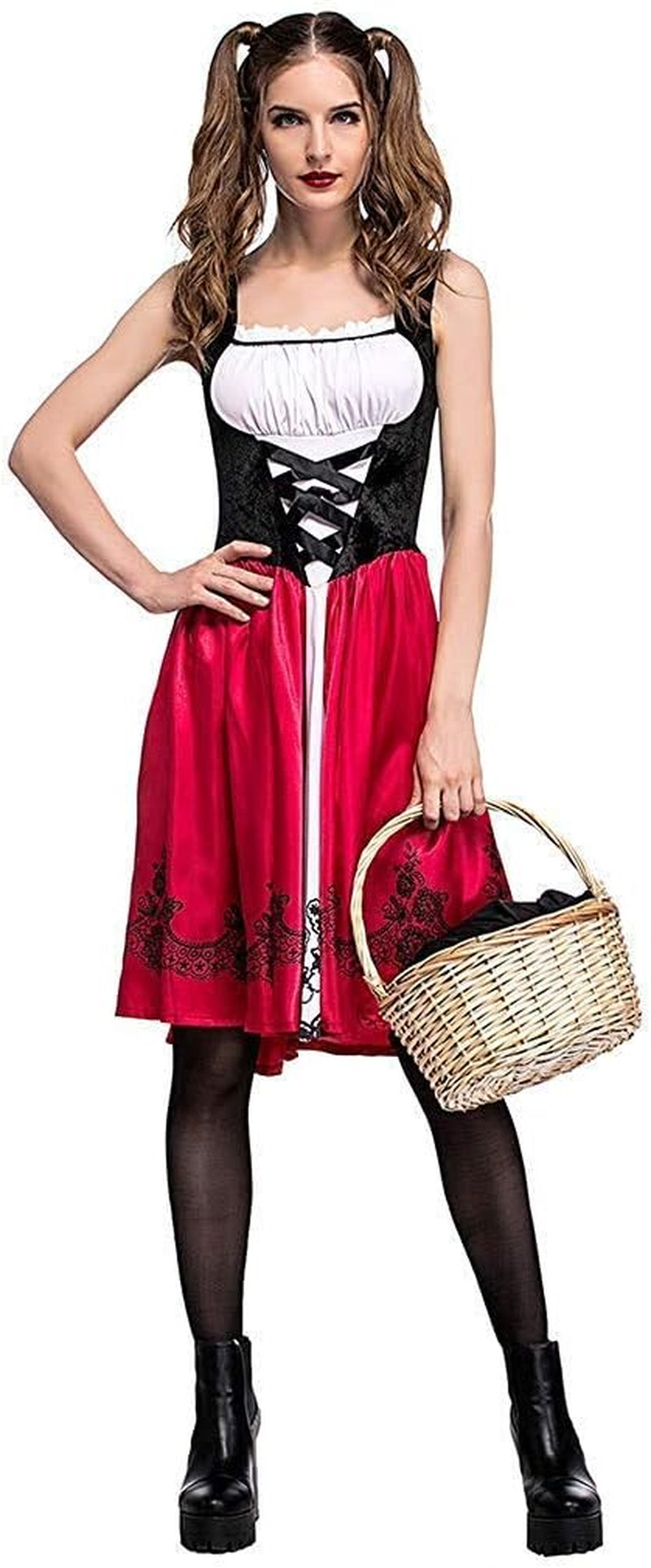 Women Little Red Riding Hood Costume Christmas Halloween Party Dress with Cape