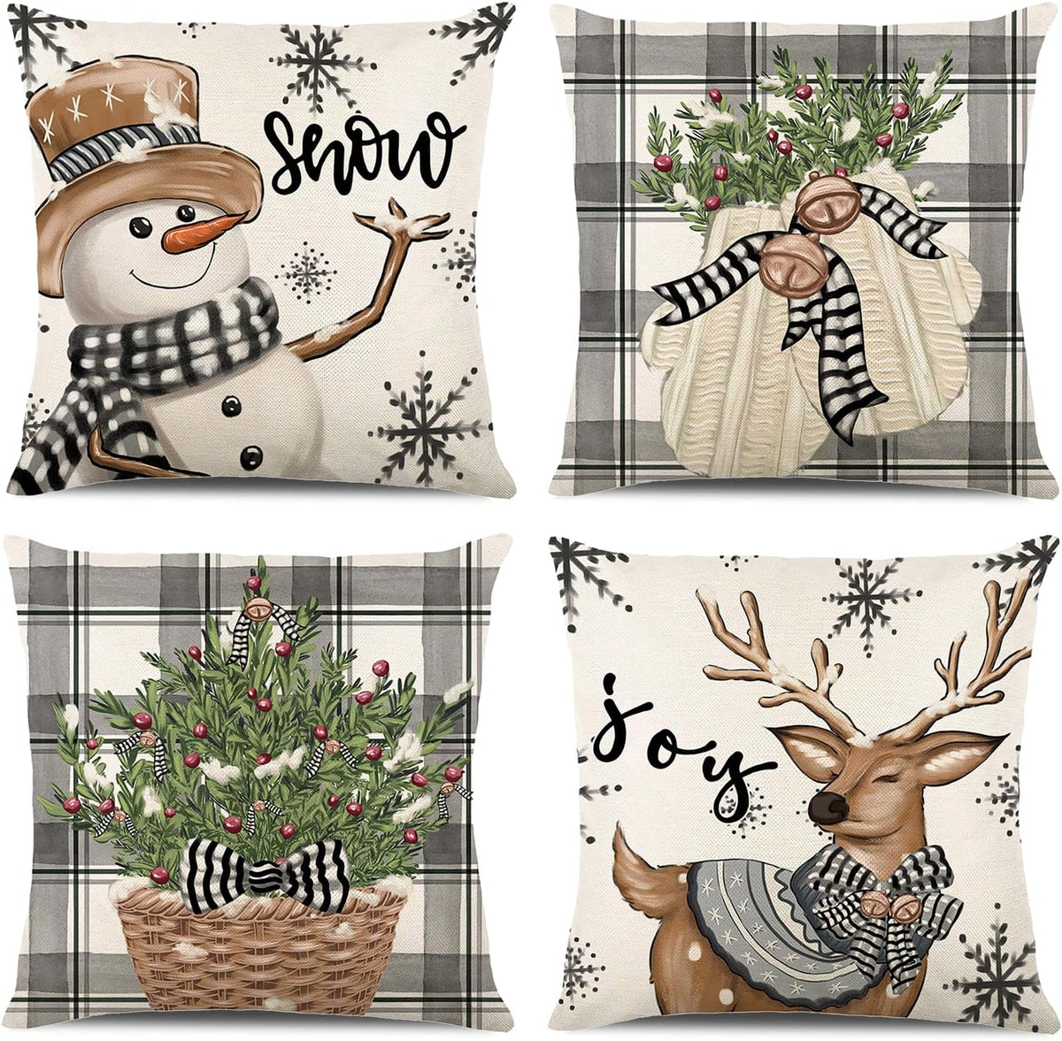 Christmas Pillow Covers 18X18, Plaid Snowmen ELK Decor for Home