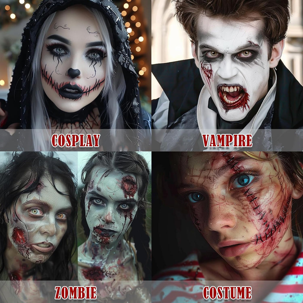 Halloween Zombie Makeup Kit with 4 Colors Face Body Paint & Applicator, Fake Blood, Liquid Latex and Scar Wax SFX Makeup Set for Vampires Wounds Clown Cosplay Special Effects Makeup