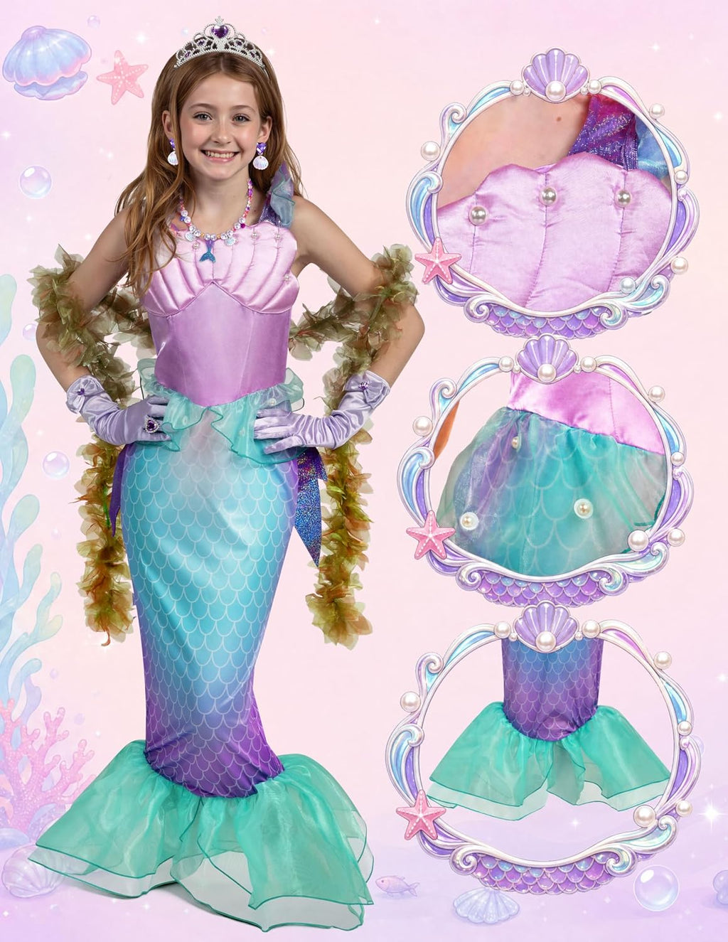 Halloween Little Mermaid Costume with Mermaid Tail for Princess Girls 4-6 for Cosplay, Birthday Outfit