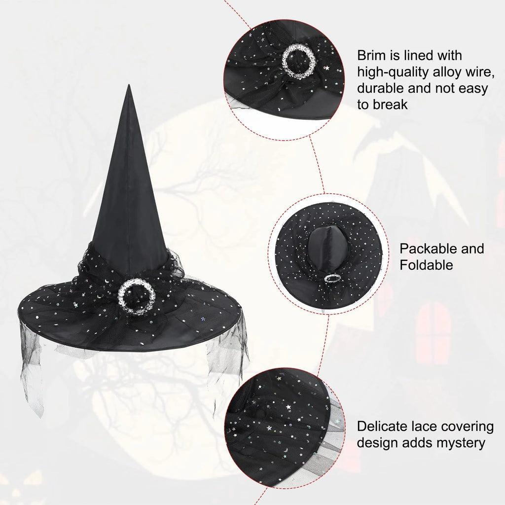 Adults Gothic Witch Hat with Veil and Lace, Foldable Wide Brim Pointed Wizard Hat