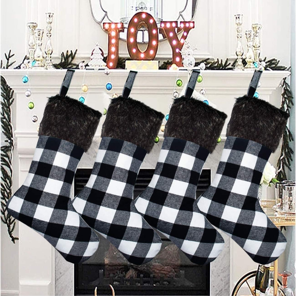 Christmas Stockings- 4 Pack 18" Black White Buffalo Plaid Christmas Stockings with Plush Faux Fur Cuff, Classic Large Christmas Stockings Decorations for Family Christmas Holiday Party Decor