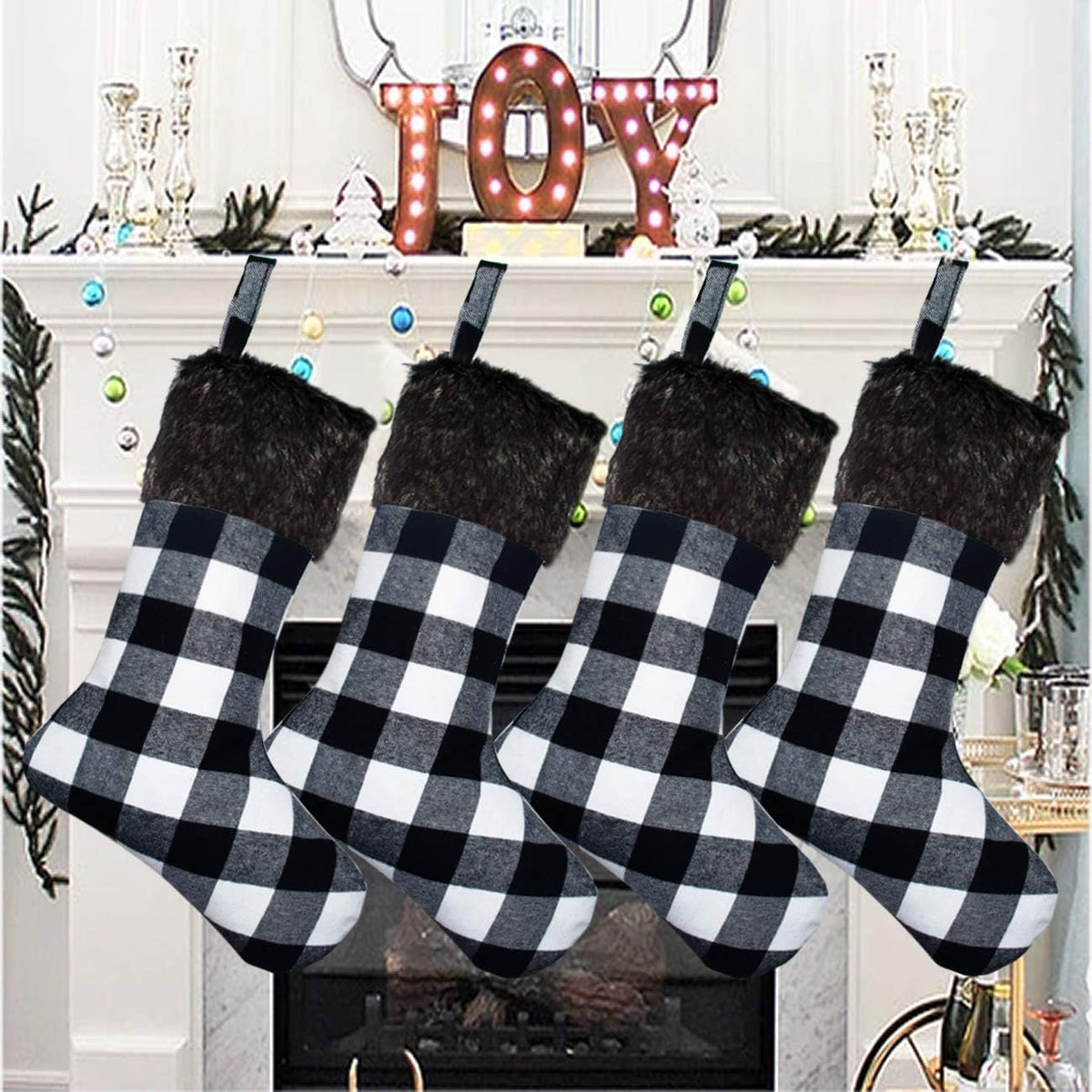 Christmas Stockings- 4 Pack 18" Black White Buffalo Plaid Christmas Stockings with Plush Faux Fur Cuff, Classic Large Christmas Stockings Decorations for Family Christmas Holiday Party Decor