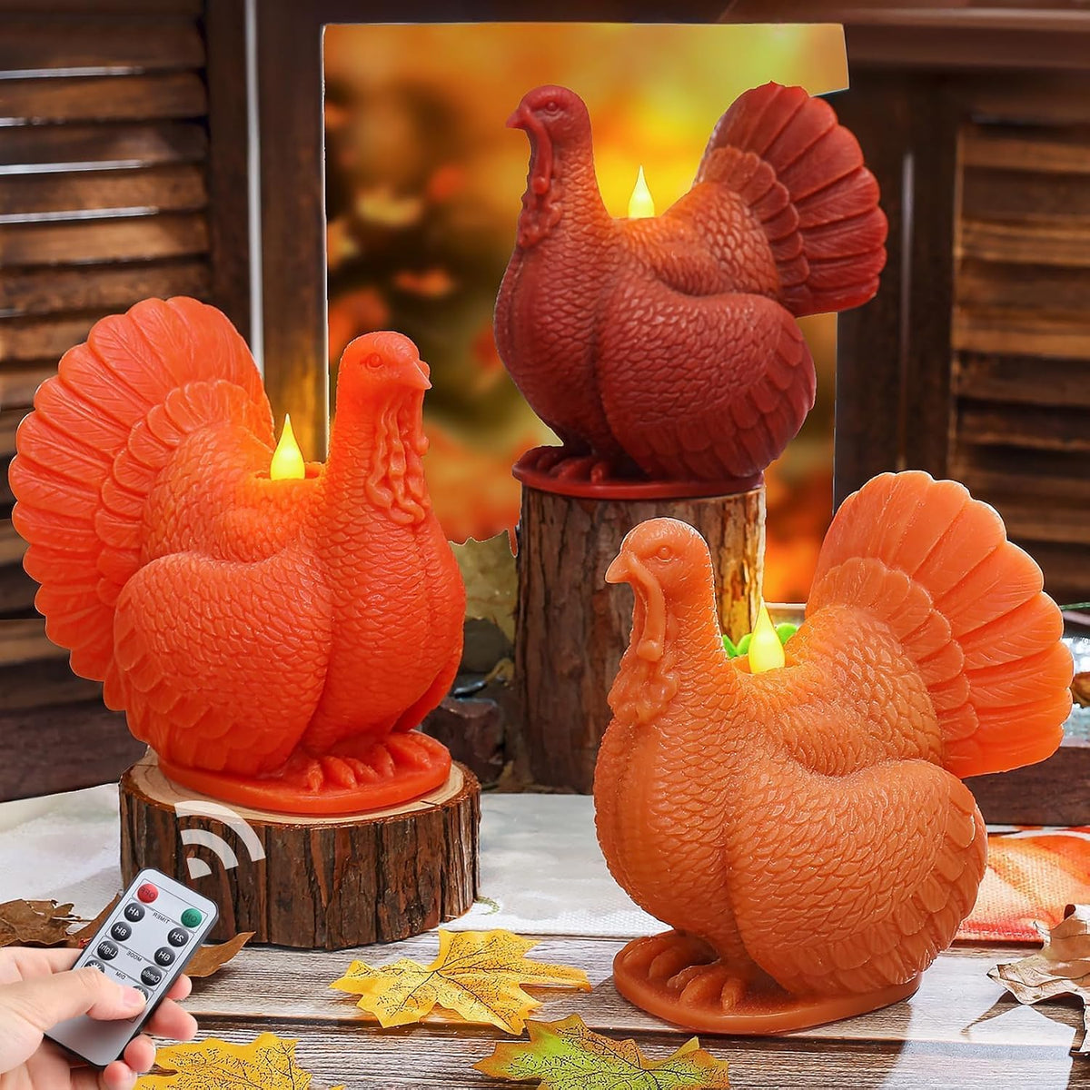 Set of 3 Turkey Flameless LED Candles Remote Thanksgiving Decor