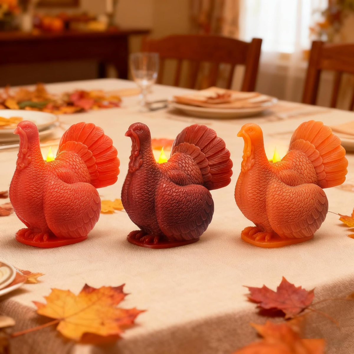 Set of 3 Turkey Flameless LED Candles Remote Thanksgiving Decor