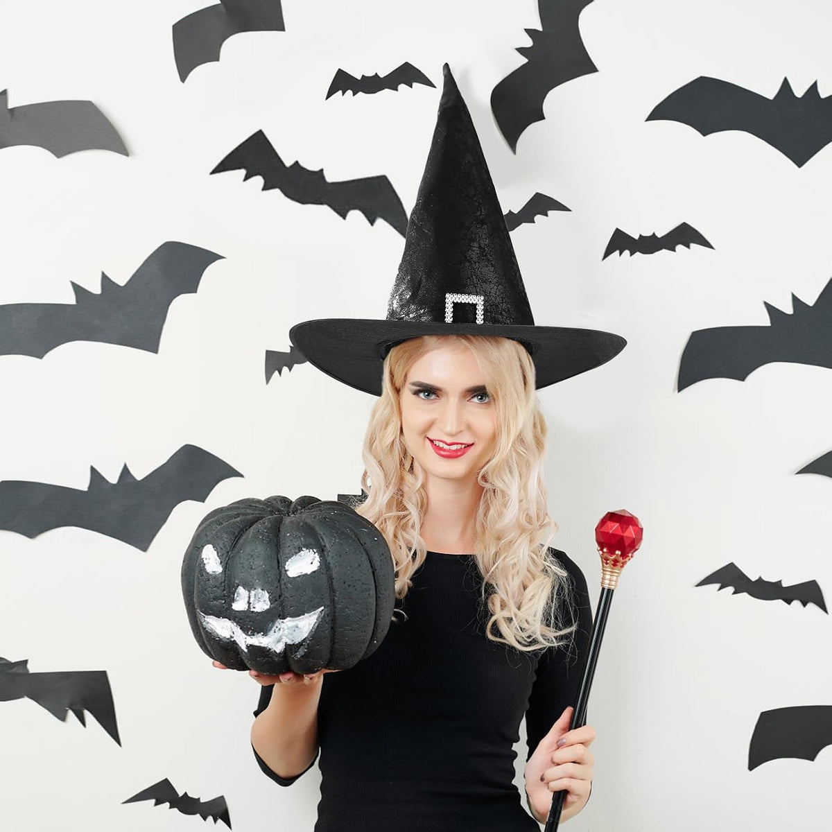 JXITON Halloween Witch Hat Black Costume Witches Hats with Buckle Faux Leather Witch Hat for Women Men Witch Wizard Costume Cosplay Party Supply