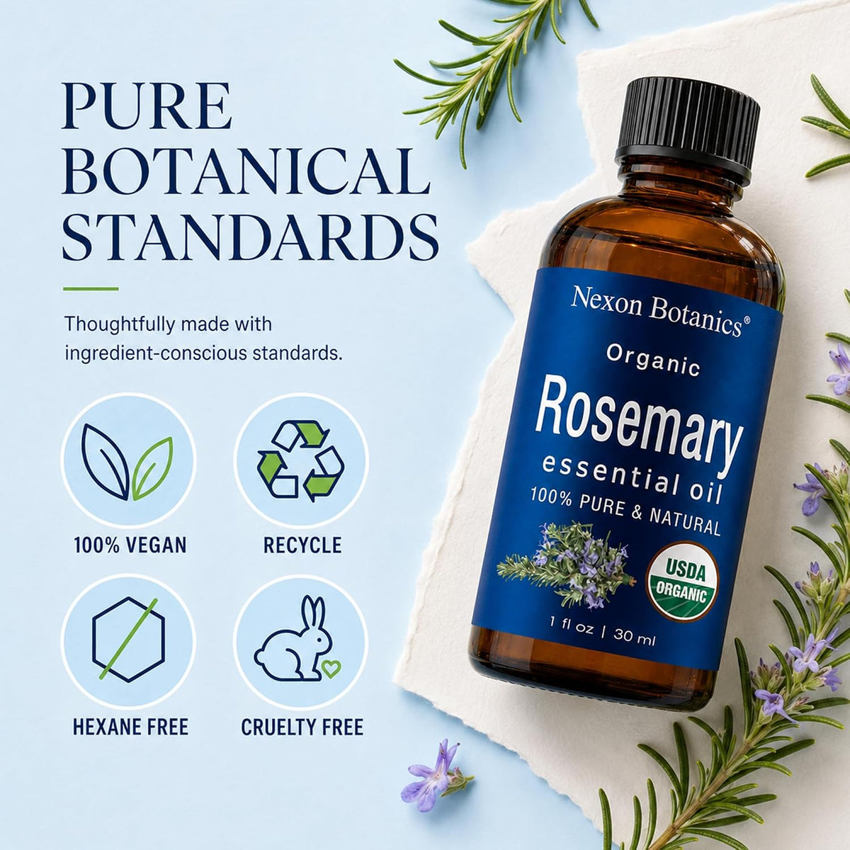Organic Rosemary Essential Oil 30 Ml - 100% Pure & Natural - Hexane Free