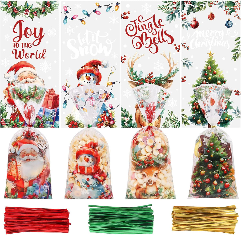 200PCS Christmas Cellophane Treat Bags, Xmas Clear Cello Gift Bags Candy Goodies Bags with Twsit for Christmas Holiday Party Favors