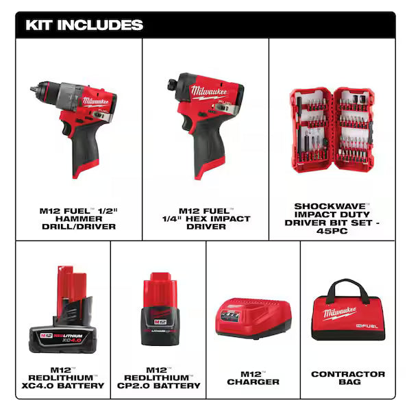 M12 FUEL 12-Volt Lithium-Ion Brushless Cordless Hammer Drill & Impact Driver Combo Kit (2-Tool) with Bit Set (45-Piece)